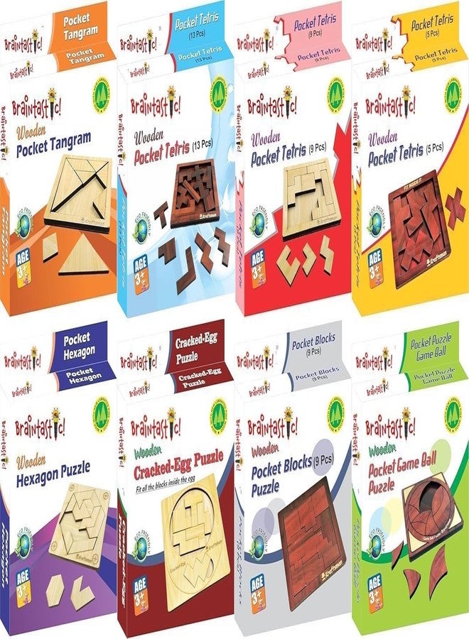 Braintastic Wooden Puzzle Portable Pack of 8 Different Puzzle for Birthday Return Gifts Party Pack, Travel Board Game, Return Favors with Travel Pouch for All Age Group - Image 1